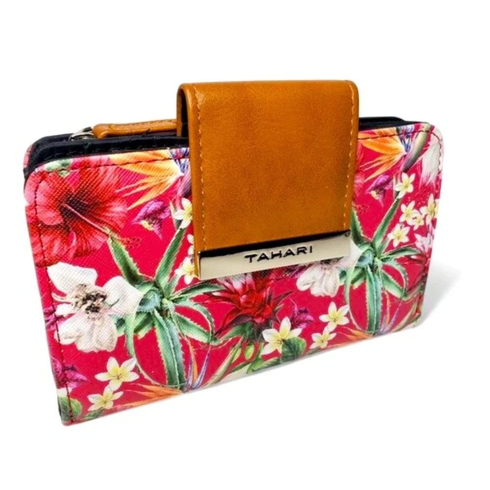 Tahari Vegan Leather Wallet Women's Bifold Floral Snap Flap Tropical Hawaiian
